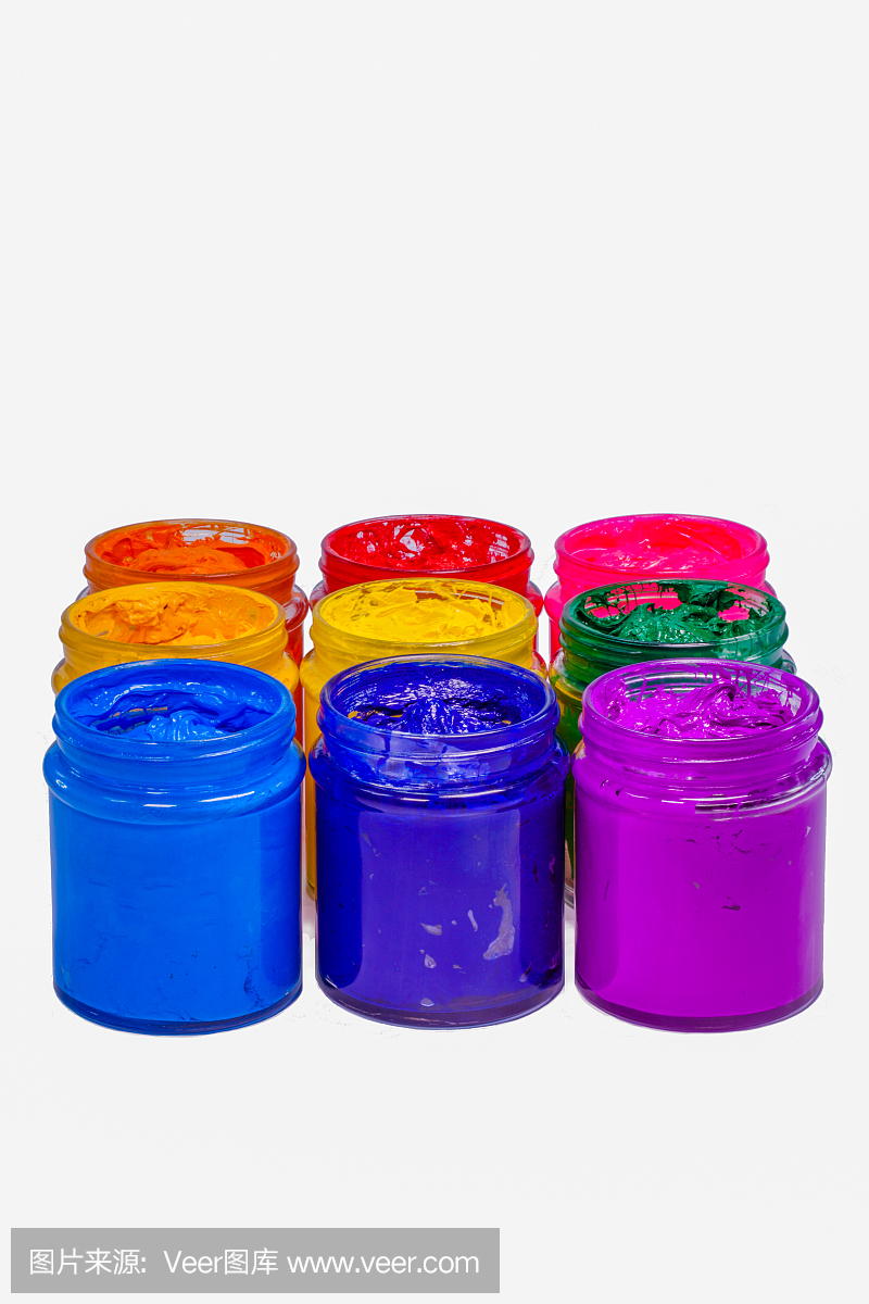 彩色塑料溶膠墨水在玻璃瓶。